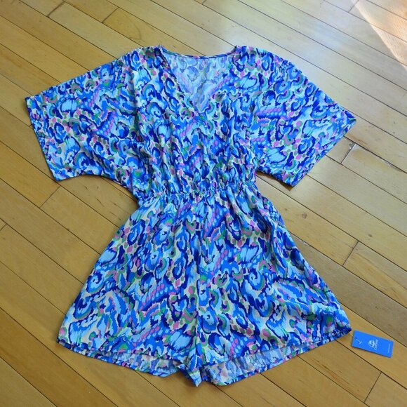 NWT Cupshe 100% Rayon Blue Pink Green Beach Jumpsuit Romper Shorts Size S - Picture 1 of 11
